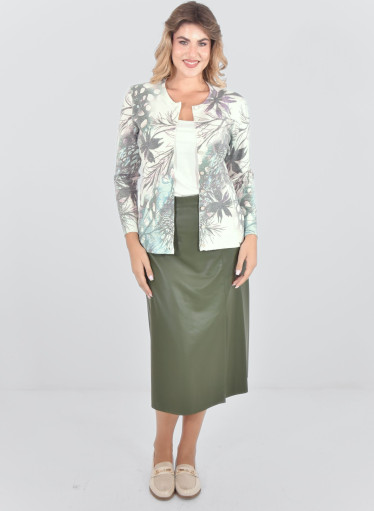 Λαδί midi φούστα δερματίνης με θηλυκό άνοιγμα στο πλάι