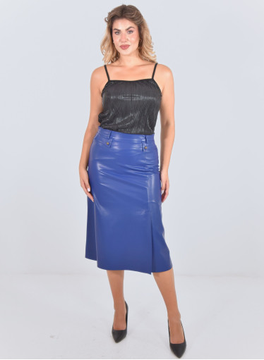 Μπλε electric midi φούστα δερματίνης με θηλυκό άνοιγμα στο πλάι Μπλε electric midi φούστα δερματίνης με θηλυκό άνοιγμα στο πλάι