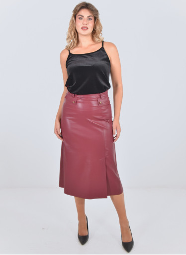 Μπορντώ midi φούστα δερματίνης με θηλυκό άνοιγμα στο πλάι Μπορντώ midi φούστα δερματίνης με θηλυκό άνοιγμα στο πλάι