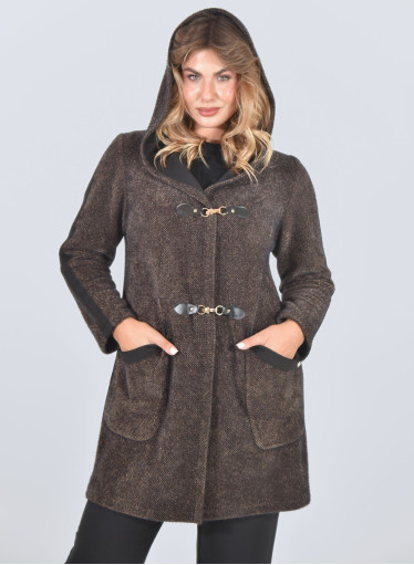 Μακρύ πανωφόρι με κουκούλα και μεταλλικά κουμπώματα σε καφέ μελανζέ ύφασμα Μακρύ πανωφόρι με κουκούλα και μεταλλικά κουμπώματα σε καφέ μελανζέ ύφασμα