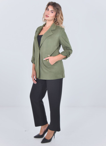 Κομψό λαδί μακρύ σακάκι με χρυσές λεπτομέρειες