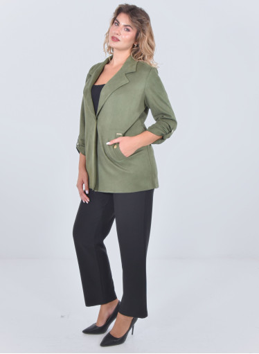 Κομψό λαδί μακρύ σακάκι με χρυσές λεπτομέρειες