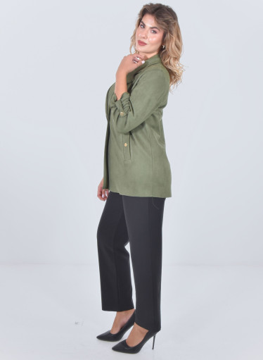 Κομψό λαδί μακρύ σακάκι με χρυσές λεπτομέρειες