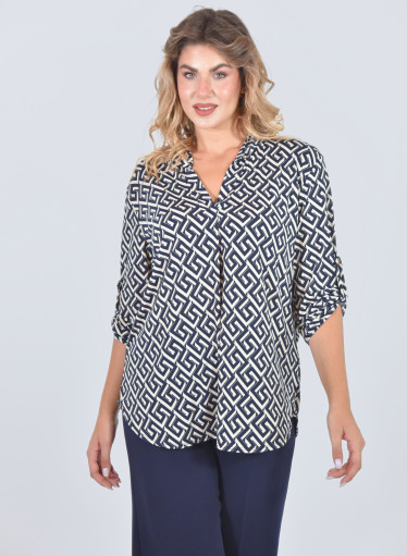 Ανάλαφρη μπλούζα με γεωμετρικό μοτίβο σε μπλε - λευκό χρώμα