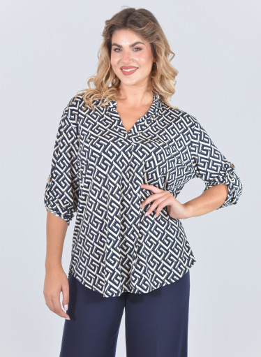 Ανάλαφρη μπλούζα με γεωμετρικό μοτίβο σε μπλε - λευκό χρώμα