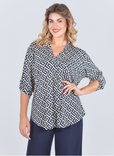 Ανάλαφρη μπλούζα με γεωμετρικό μοτίβο σε μπλε - λευκό χρώμα