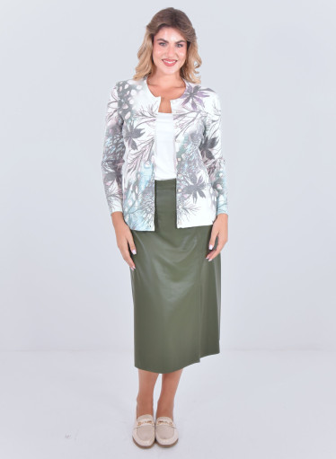 Ζακέτα εμπριμέ με φθινοπωρινό πράσινο - γκρι print & κομψά κουμπιά