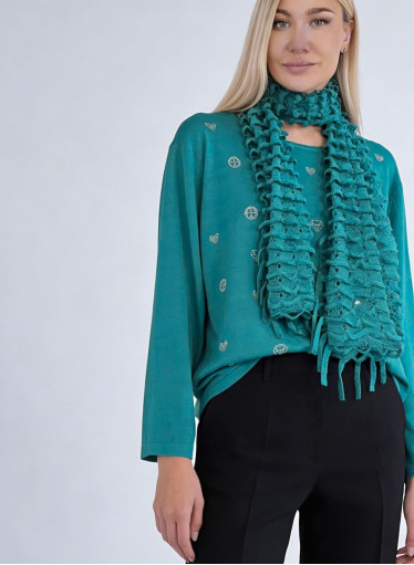 Πετρόλ πλεκτή μπλούζα με διακοσμητικά στρας και κασκόλ