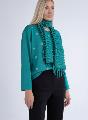 Πετρόλ πλεκτή μπλούζα με διακοσμητικά στρας και κασκόλ