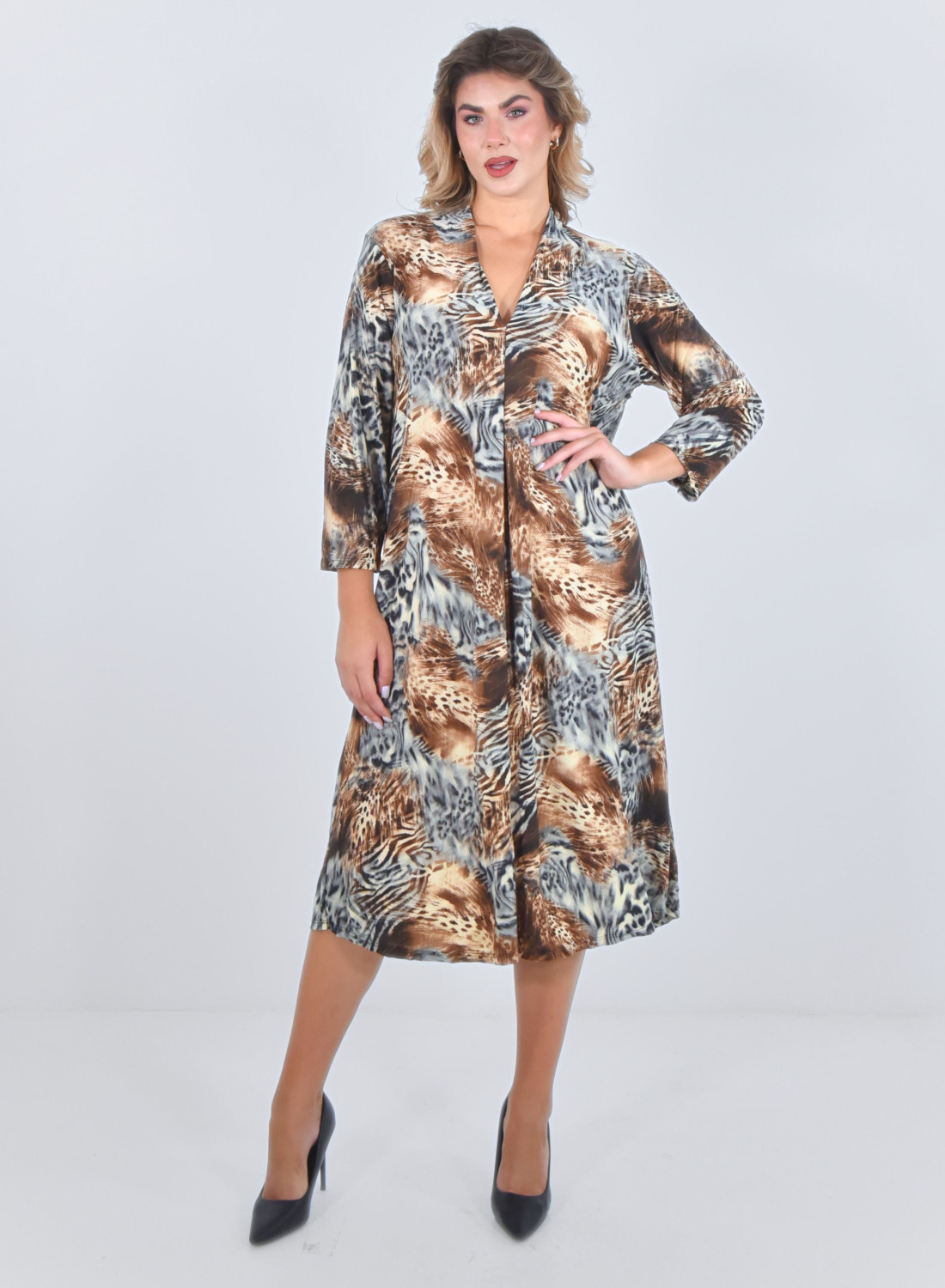 Φόρεμα αέρινο εμπριμέ με animal print mix Φόρεμα αέρινο εμπριμέ με animal print mix