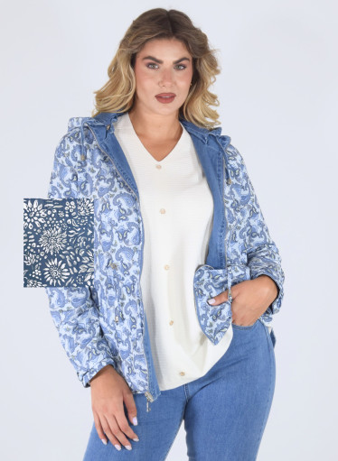 Μπλε μοντέρνο τζιν μπουφάν διπλής όψης με μοτίβα