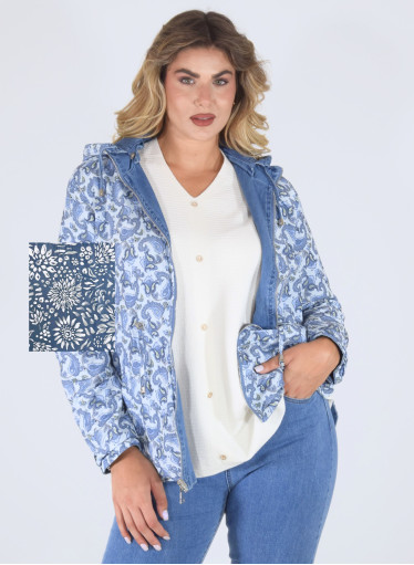 Μπλε μοντέρνο τζιν μπουφάν διπλής όψης με μοτίβα