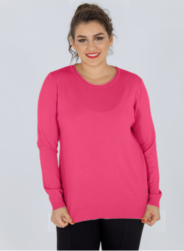 Απαλό πλεκτό φούξια πουλόβερ με στρογγυλή λαιμόκοψη