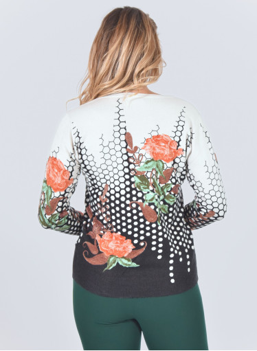 Πλεκτή μπλούζα σε ασπρόμαυρο print με πορτοκαλί floral στοιχεία