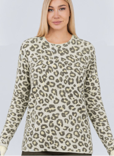 Λεοπάρ απαλό γκρι - κίτρινο πουλόβερ με στρογγυλή λαιμόκοψη