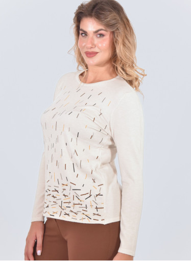 Άνετη μπεζ μπλούζα με ανάγλυφα διακριτικά σχέδια