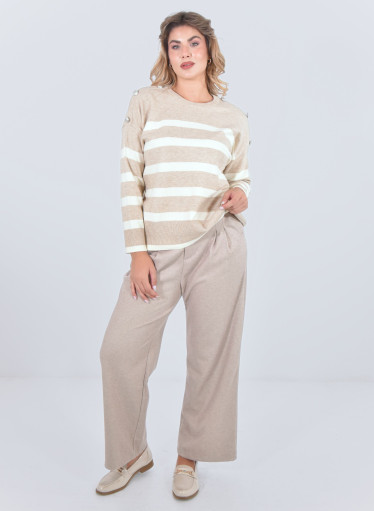 Ευκολοφόρετη μπεζ πλεκτή ριγέ μπλούζα