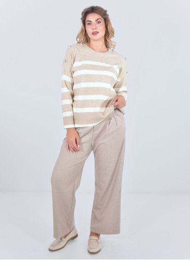 Ευκολοφόρετη μπεζ πλεκτή ριγέ μπλούζα