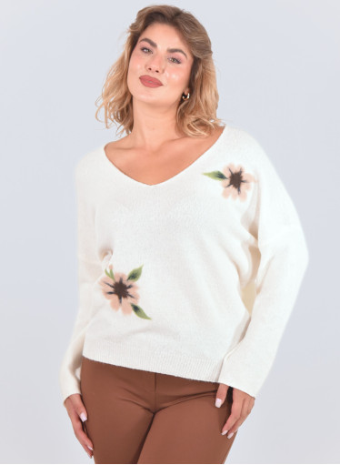 Μπλούζα πλεκτή εκρού με σχέδιο λουλούδια Μπλούζα πλεκτή εκρού με σχέδιο λουλούδια
