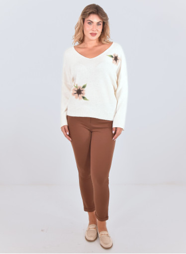 Μπλούζα πλεκτή εκρού με σχέδιο λουλούδια Μπλούζα πλεκτή εκρού με σχέδιο λουλούδια