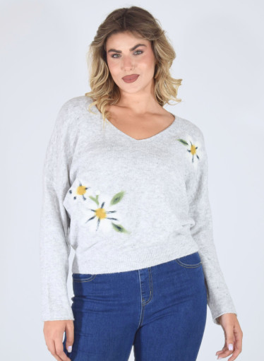 Μονόχρωμη μπλούζα με φλοράλ λεπτομέρειες  Μονόχρωμη μπλούζα με φλοράλ λεπτομέρειες