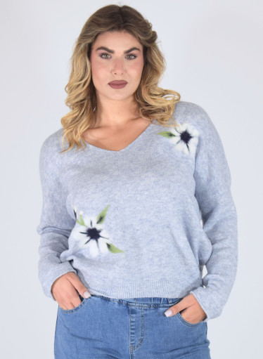 Μπλούζα πλεκτή γαλάζια με σχέδιο λουλούδια Μπλούζα πλεκτή γαλάζια με σχέδιο λουλούδια