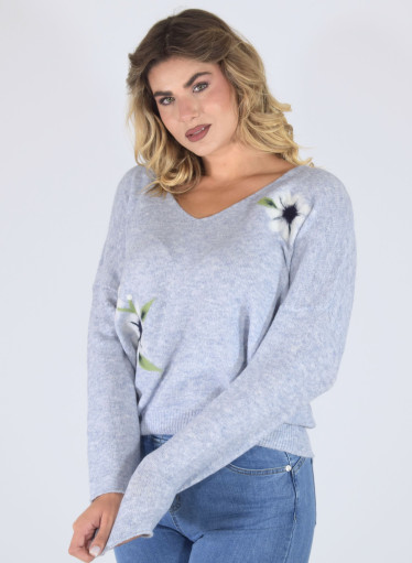 Μπλούζα πλεκτή γαλάζια με σχέδιο λουλούδια Μπλούζα πλεκτή γαλάζια με σχέδιο λουλούδια
