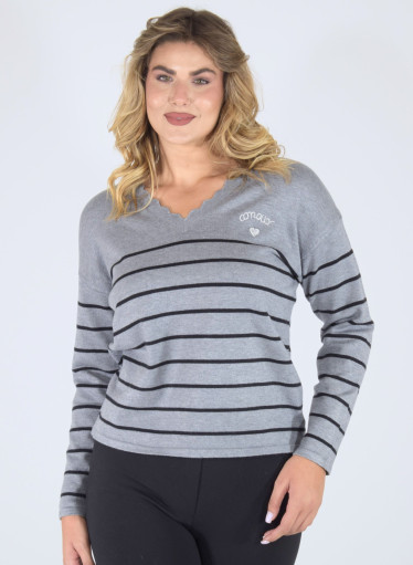 Πλεκτή γκρι μπλούζα με ριγέ σχέδιο Πλεκτή γκρι μπλούζα με ριγέ σχέδιο