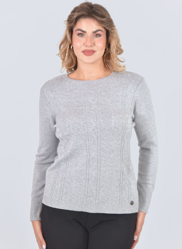 Μπλούζα γκρι πλεκτή με ανάγλυφο σχέδιο πλεξούδα Μπλούζα γκρι πλεκτή με ανάγλυφο σχέδιο πλεξούδα