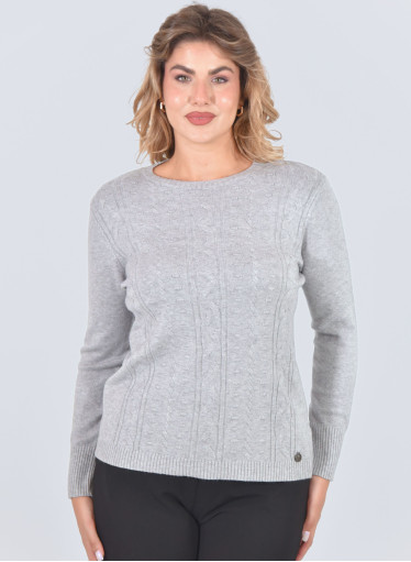 Μπλούζα γκρι πλεκτή με ανάγλυφο σχέδιο πλεξούδα Μπλούζα γκρι πλεκτή με ανάγλυφο σχέδιο πλεξούδα