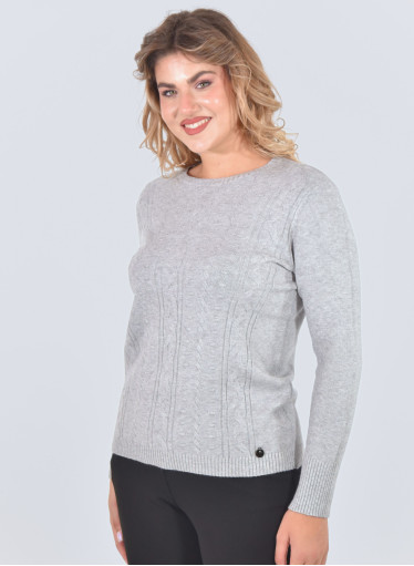 Μπλούζα γκρι πλεκτή με ανάγλυφο σχέδιο πλεξούδα Μπλούζα γκρι πλεκτή με ανάγλυφο σχέδιο πλεξούδα