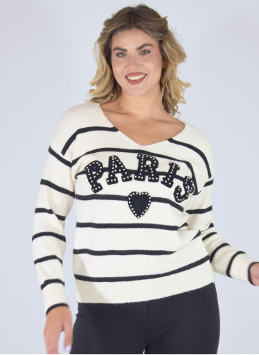 Μοδάτη πλεκτή λευκή μπλούζα μαρινιέρα με σχέδιο "Paris" Μοδάτη πλεκτή λευκή μπλούζα μαρινιέρα με σχέδιο "Paris"