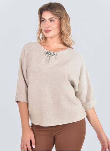 Μπλούζα μπεζ πλεκτή με απλικέ κόσμημα Μπλούζα μπεζ πλεκτή με απλικέ κόσμημα