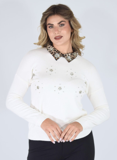 Ζεστή πλεκτή μπλούζα με μοδάτο λεοπάρ γιακά Ζεστή πλεκτή μπλούζα με μοδάτο λεοπάρ γιακά