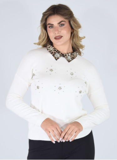 Ζεστή πλεκτή μπλούζα με μοδάτο λεοπάρ γιακά Ζεστή πλεκτή μπλούζα με μοδάτο λεοπάρ γιακά