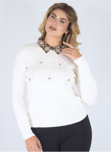 Ζεστή πλεκτή μπλούζα με μοδάτο λεοπάρ γιακά Ζεστή πλεκτή μπλούζα με μοδάτο λεοπάρ γιακά