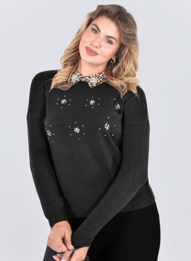 Μαύρη πλεκτή μπλούζα με μοδάτο λεοπάρ γιακά με στρας