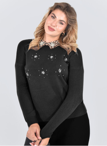 Μαύρη πλεκτή μπλούζα με μοδάτο λεοπάρ γιακά με στρας