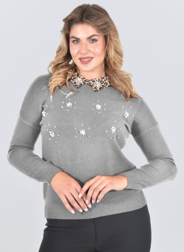 Γκρι πλεκτή μπλούζα με μοδάτο λεοπάρ γιακά με στρας