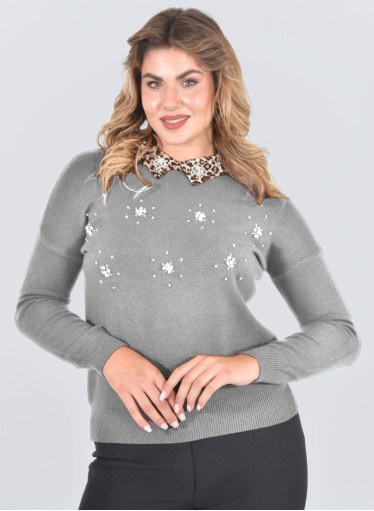 Γκρι πλεκτή μπλούζα με μοδάτο λεοπάρ γιακά με στρας