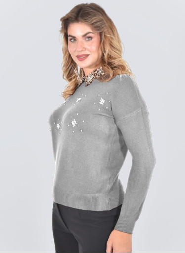 Γκρι πλεκτή μπλούζα με μοδάτο λεοπάρ γιακά με στρας