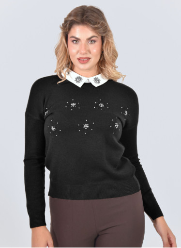 Πλεκτή μαύρη μπλούζα με στρας και γιακά
