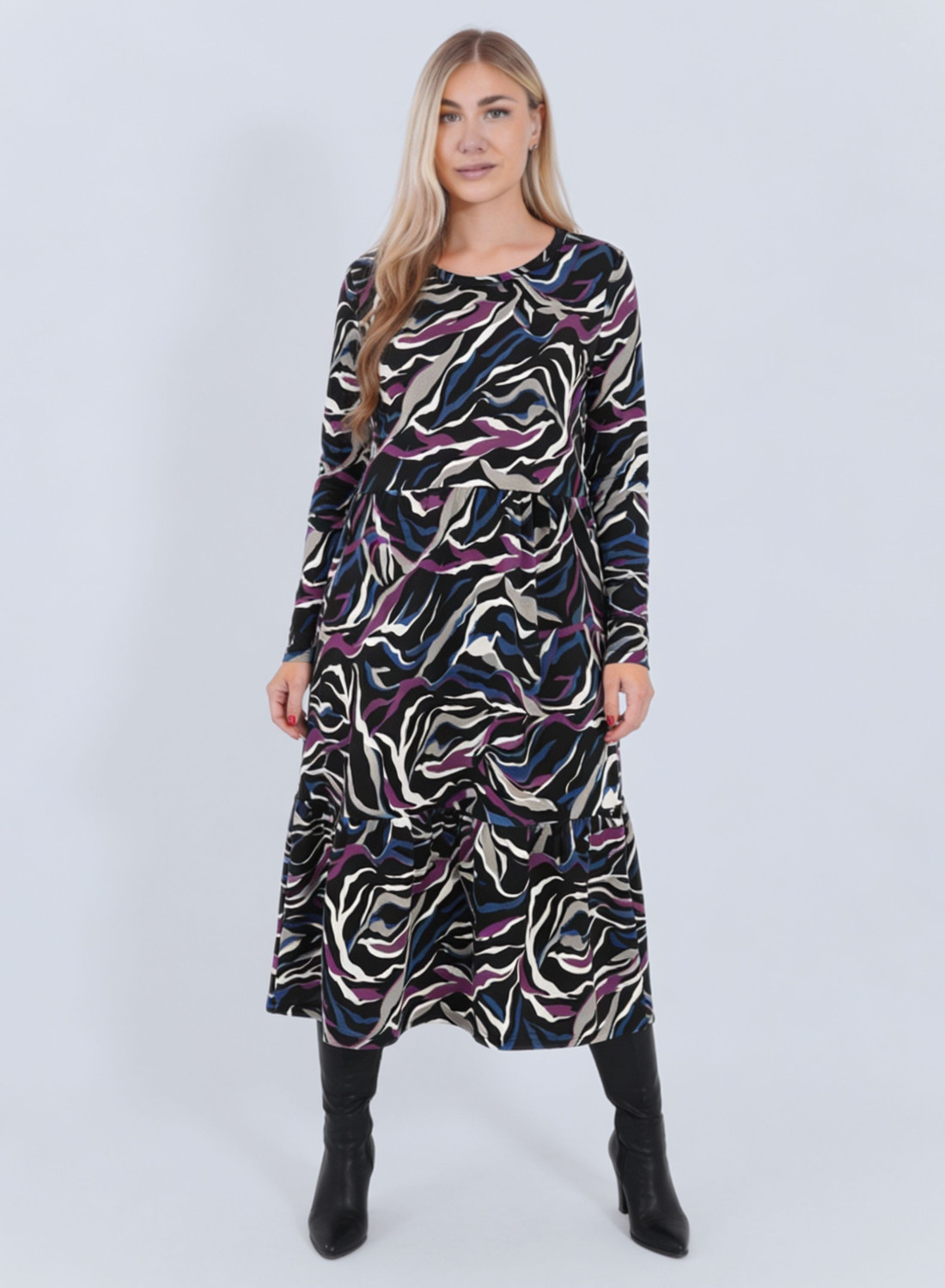 Πλεκτό εμπριμέ μωβ - μπλε φόρεμα σε A γραμμή μέχρι τους αστραγάλους