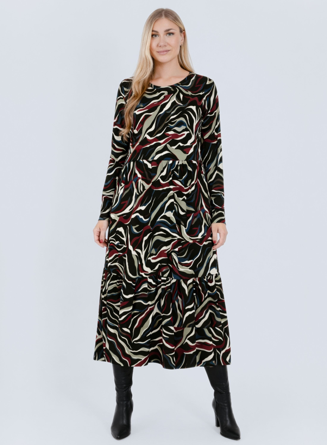 Πλεκτό εμπριμέ μπορντό - πράσινο φόρεμα σε A γραμμή μέχρι τους αστραγάλους