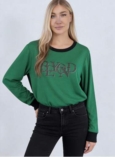 Πράσινη πλεκτή μπλούζα με μαύρες λεπτομέρειες & στάμπα BEYOND