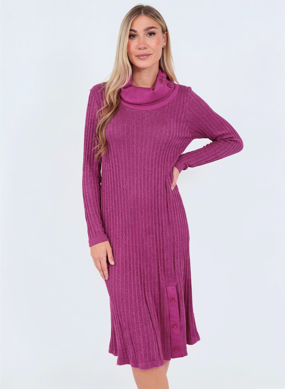 Πλεκτό φούξια πράσινο φόρεμα με ιδιαίτερη πλέξη και διακοσμητικά κουμπιά