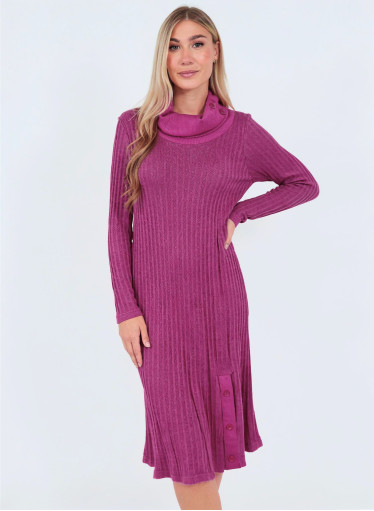 Πλεκτό φούξια πράσινο φόρεμα με ιδιαίτερη πλέξη και διακοσμητικά κουμπιά