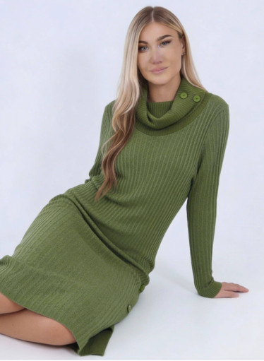 Πλεκτό ζιβάγκο πράσινο φόρεμα με ιδιαίτερη πλέξη και διακοσμητικά κουμπιά