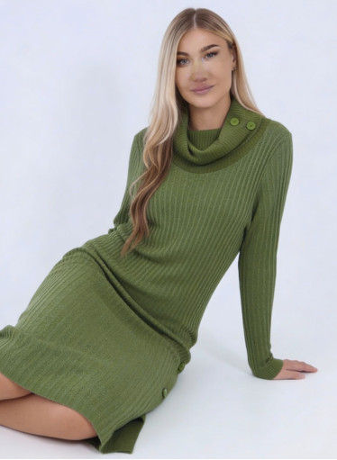 Πλεκτό ζιβάγκο πράσινο φόρεμα με ιδιαίτερη πλέξη και διακοσμητικά κουμπιά