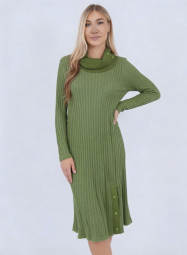 Πλεκτό ζιβάγκο πράσινο φόρεμα με ιδιαίτερη πλέξη και διακοσμητικά κουμπιά